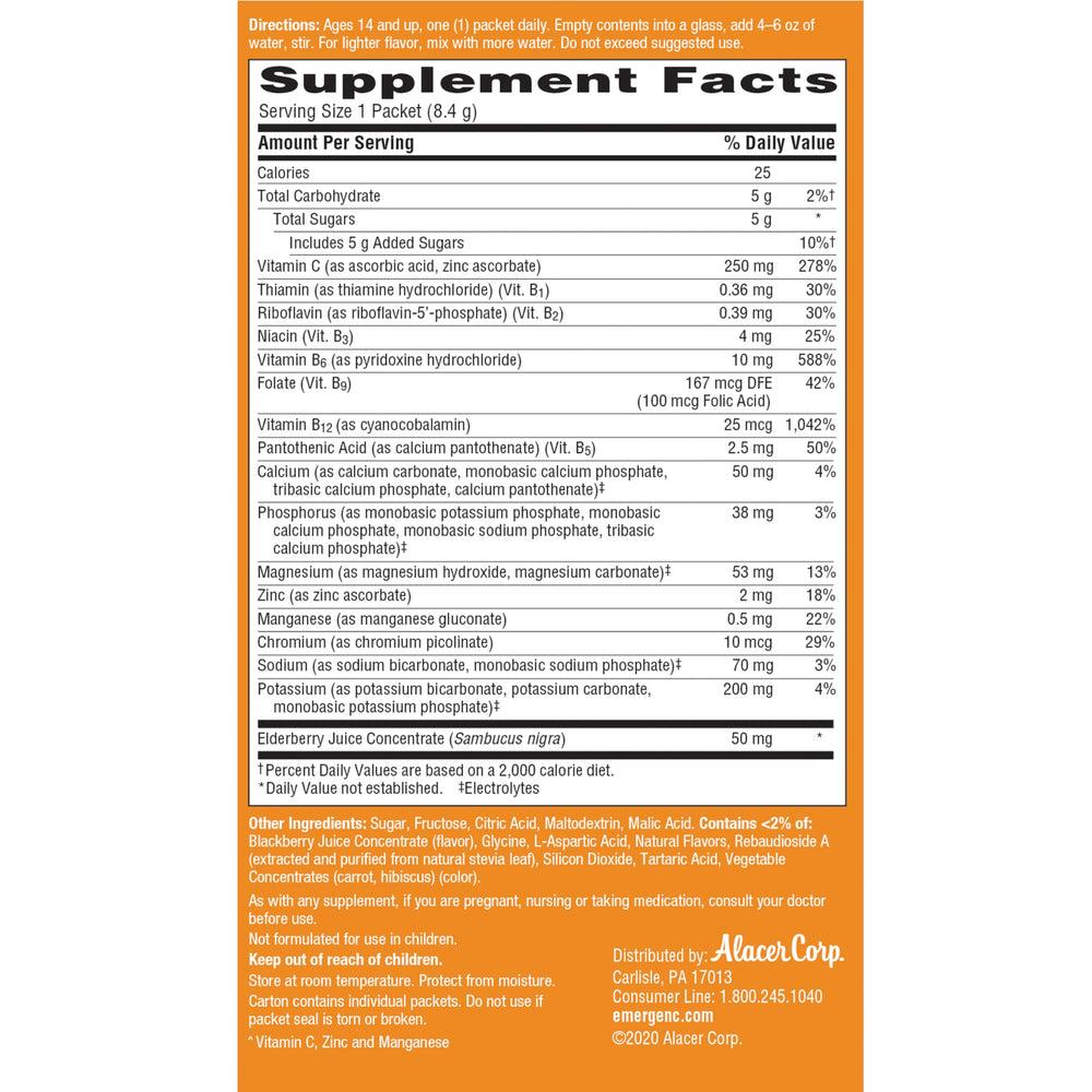 Emergen-C Elderberry ingredients label and gluten-free vegetarian formula.