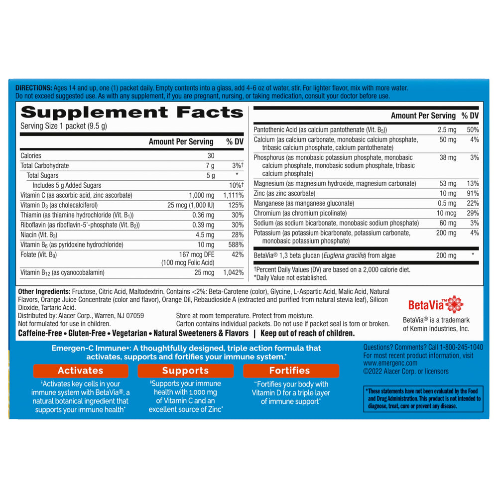 Emergen-C Immune+ 30-day supply box on a kitchen counter
