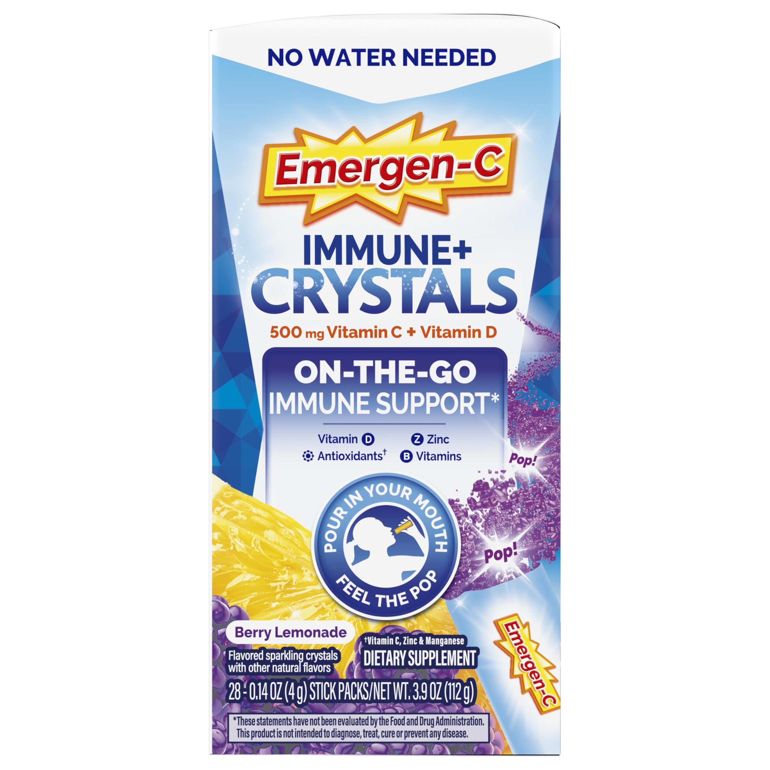 Emergen-C Immune Plus Crystals Berry Lemonade label highlights ingredients.