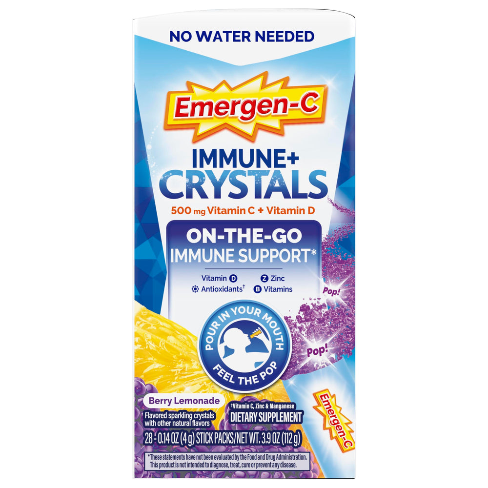 Emergen-C Immune Plus Crystals Berry Lemonade label highlights ingredients.