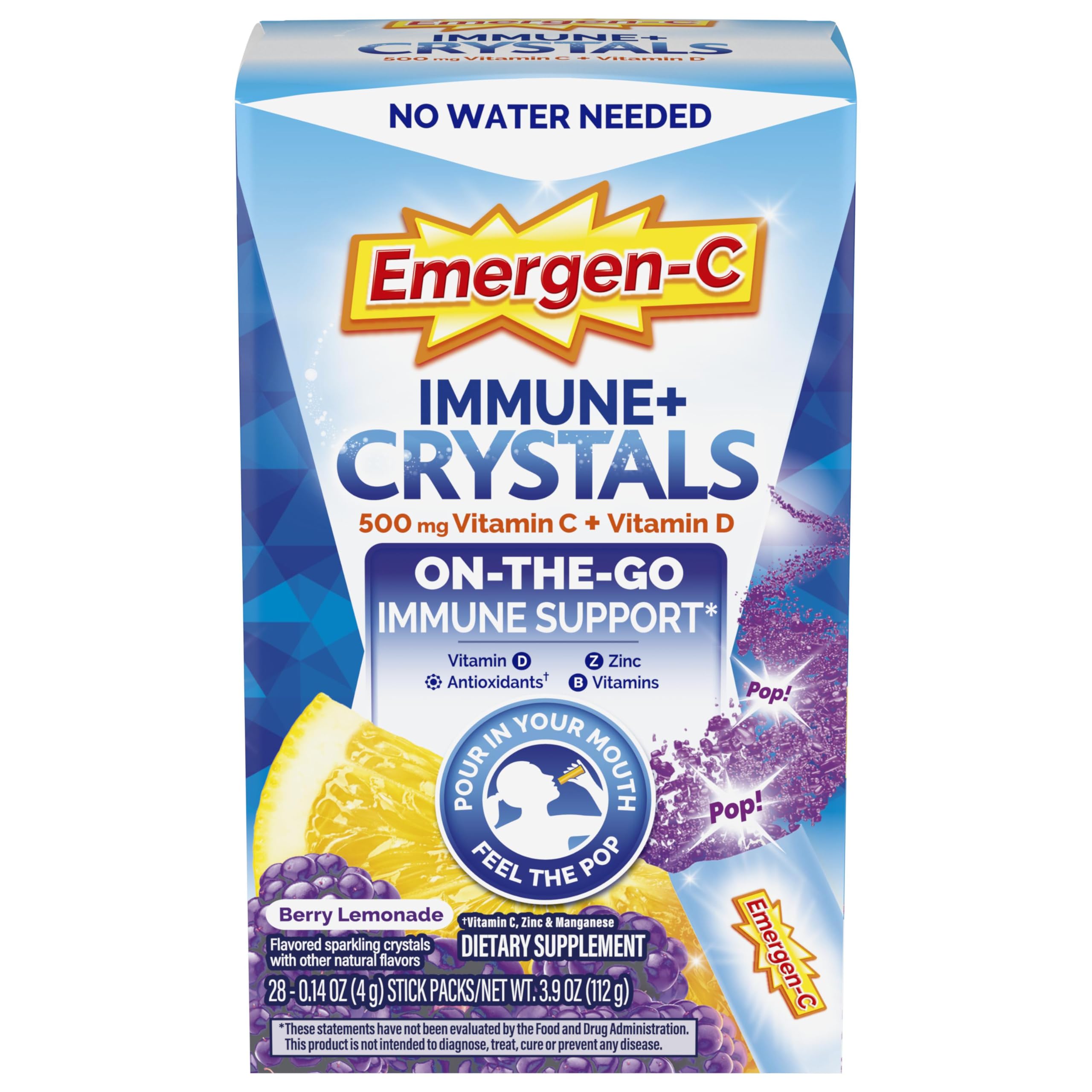 Emergen-C Immune Plus Crystals Berry Lemonade pack for on-the-go immune support.