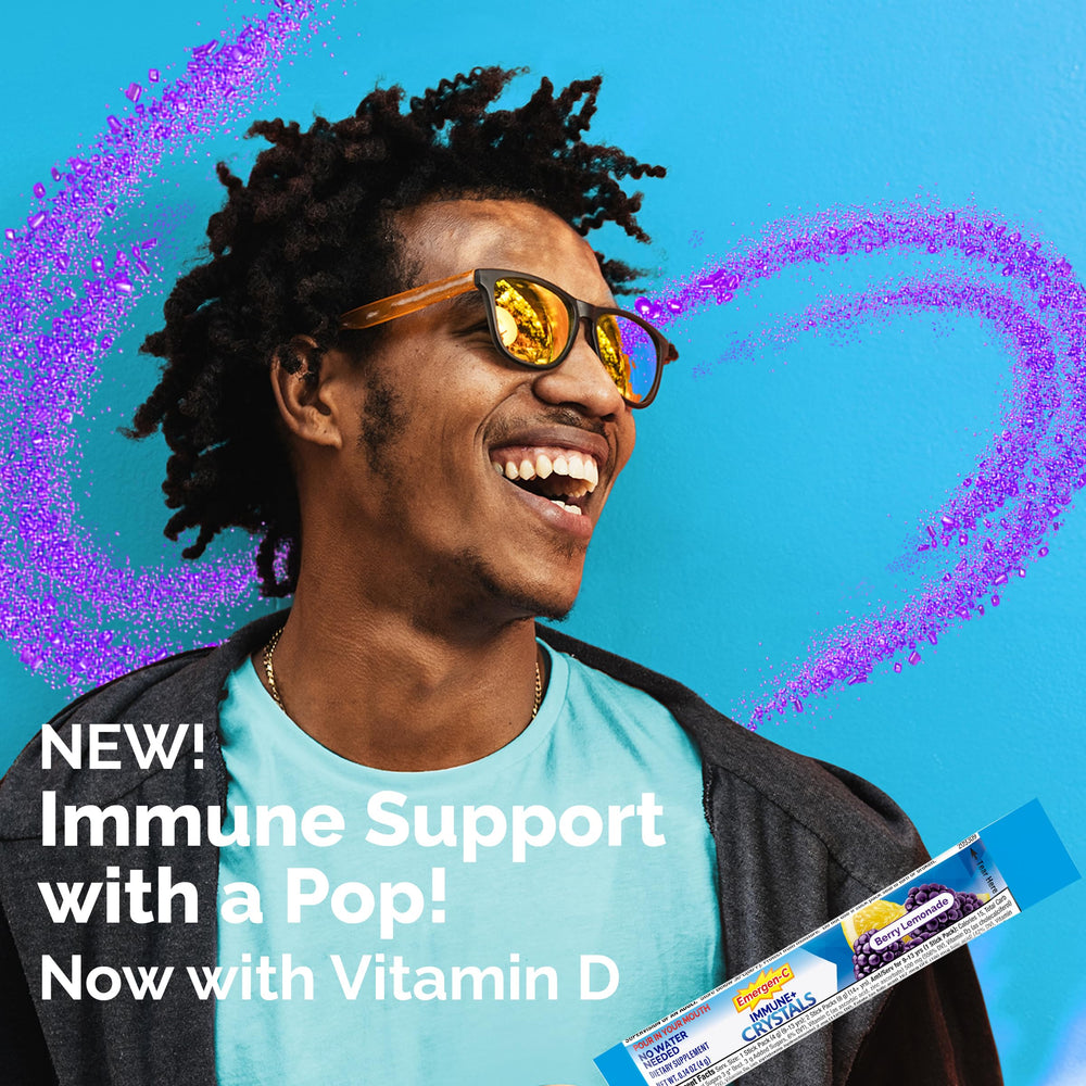 Emergen-C Immune Plus Crystals Berry Lemonade stick ready for quick use.