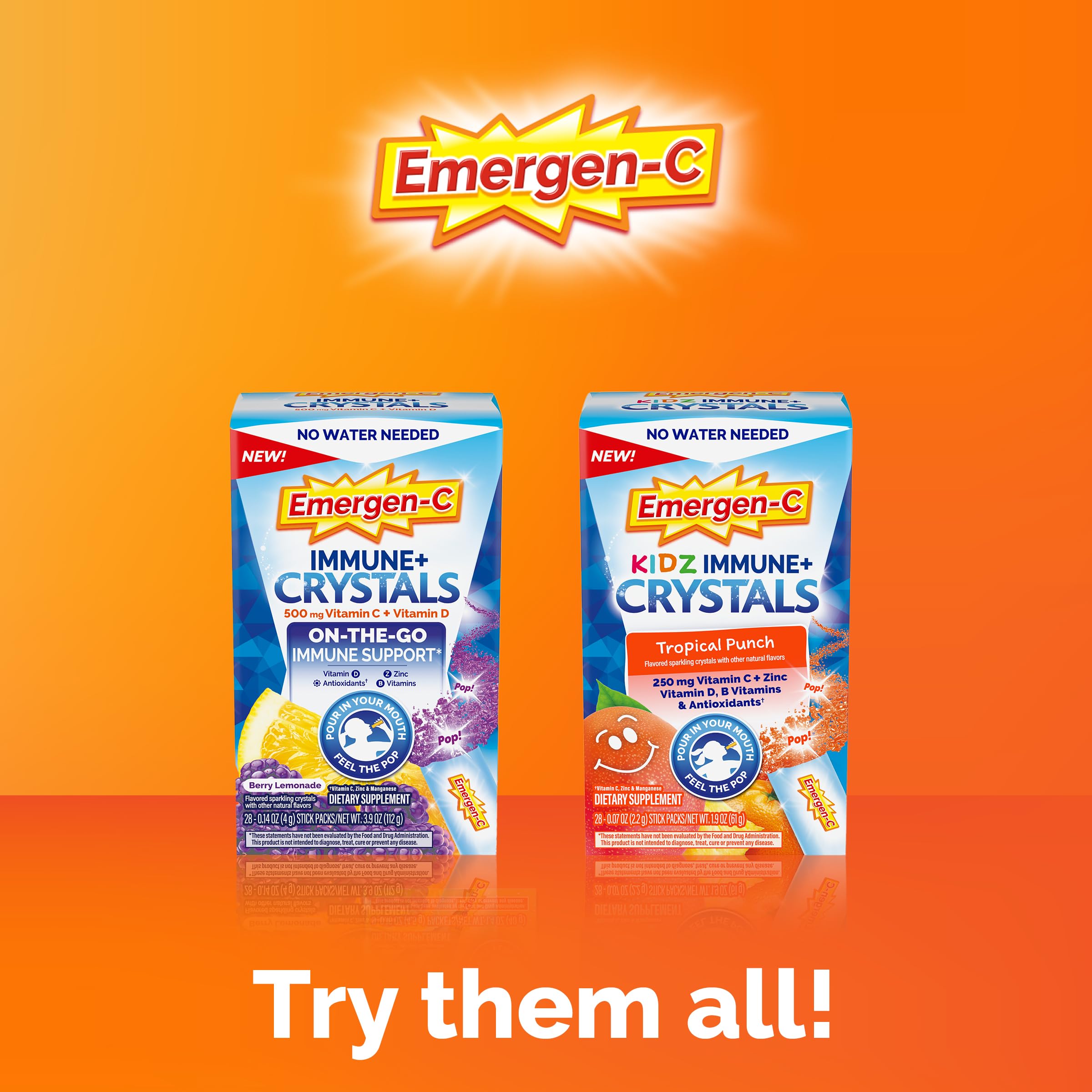 Emergen-C Immune Plus Crystals pocket-sized pack for travel.