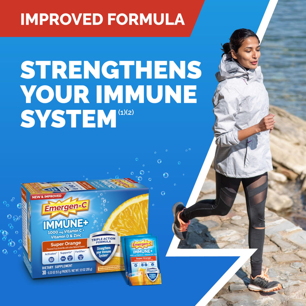 Emergen-C Immune+ packets close-up showing 50-pack supply