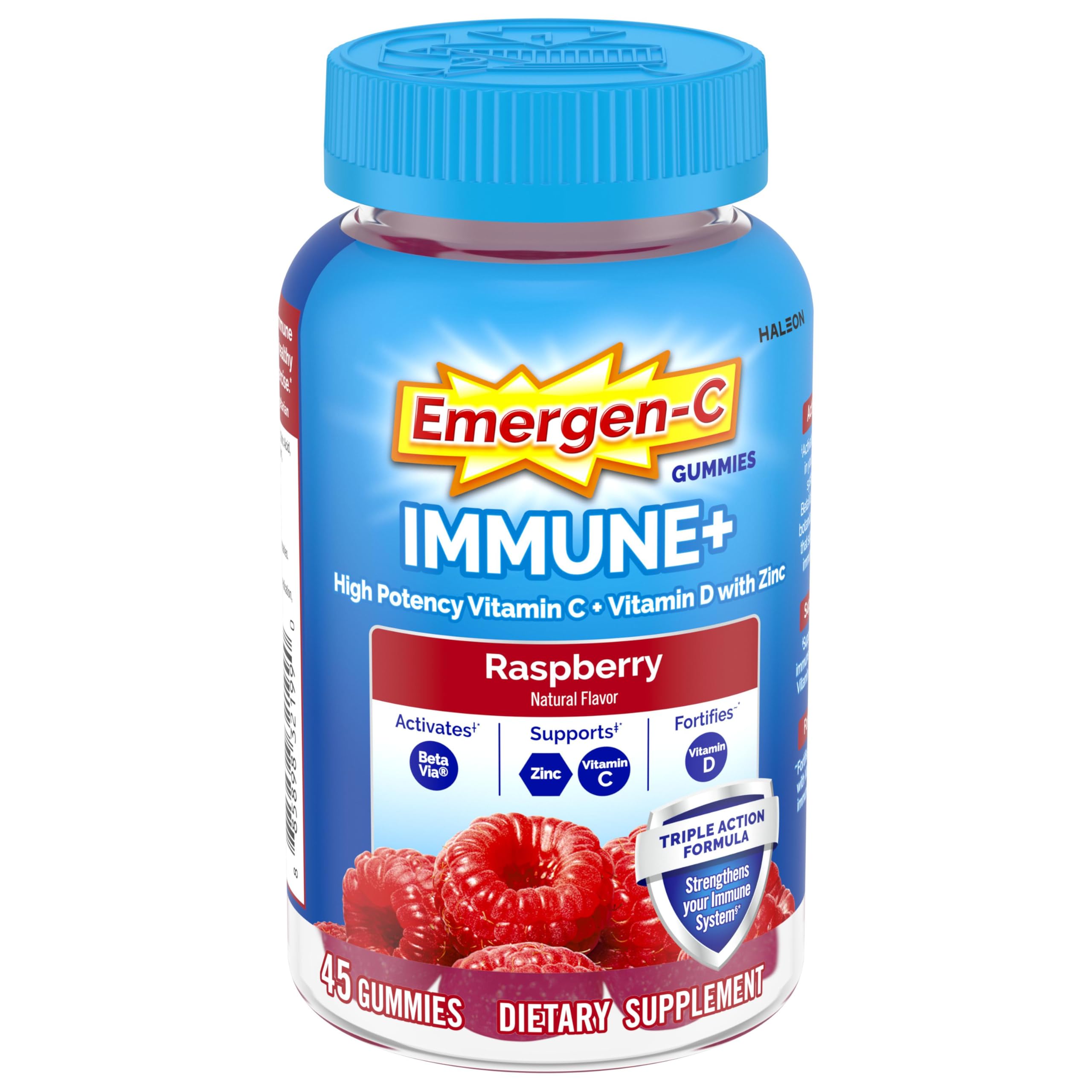 Emergen-C Immune+ Raspberry gummies in a bottle for daily immune support.