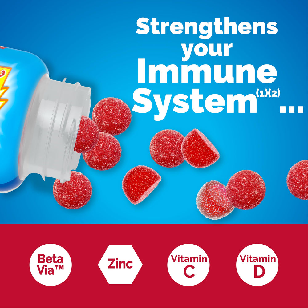 Close-up of raspberry Emergen-C Immune+ gummy highlighting natural flavor for daily wellness.