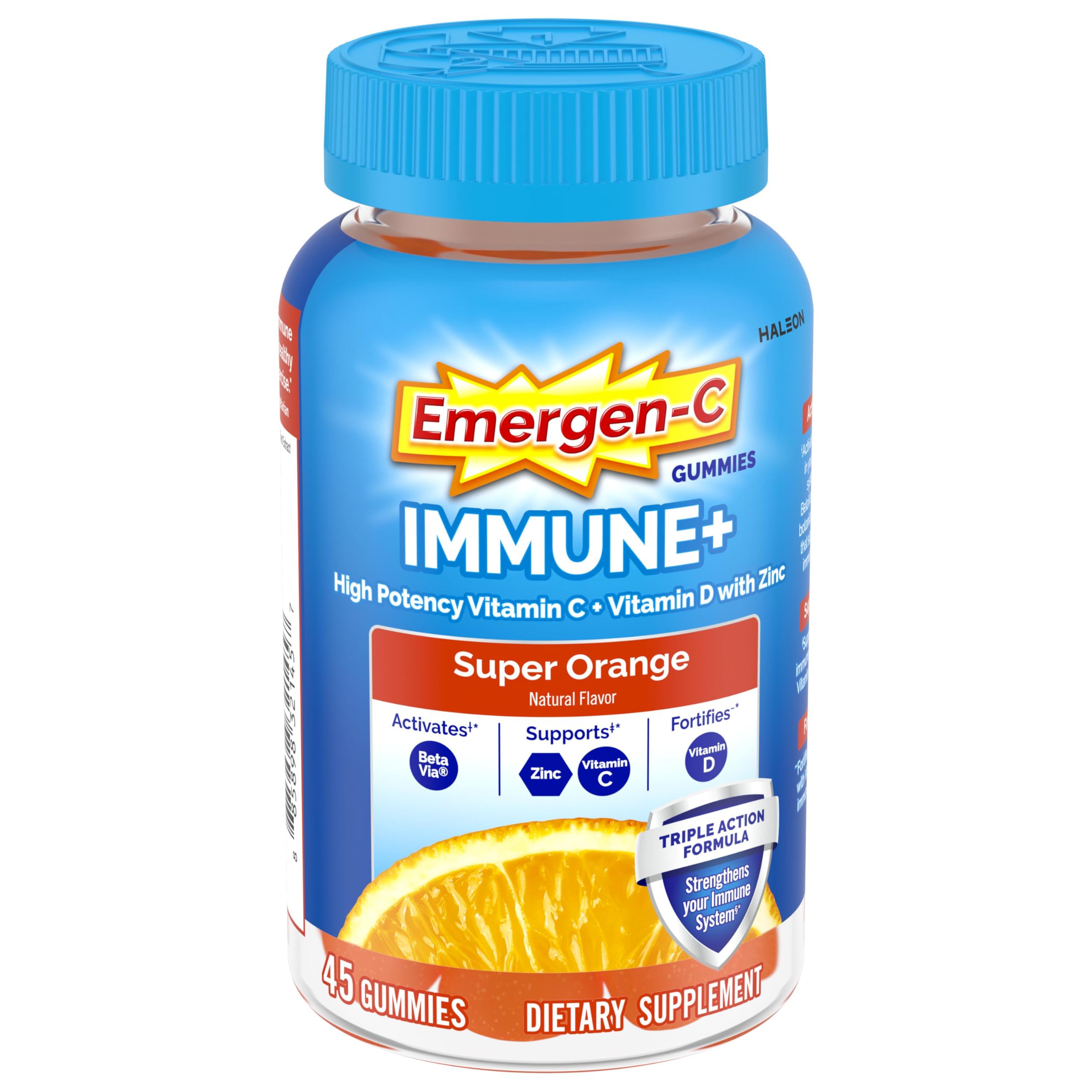 Emergen-C Immune+ gummies front close-up, bright orange flavor for daily immune support.