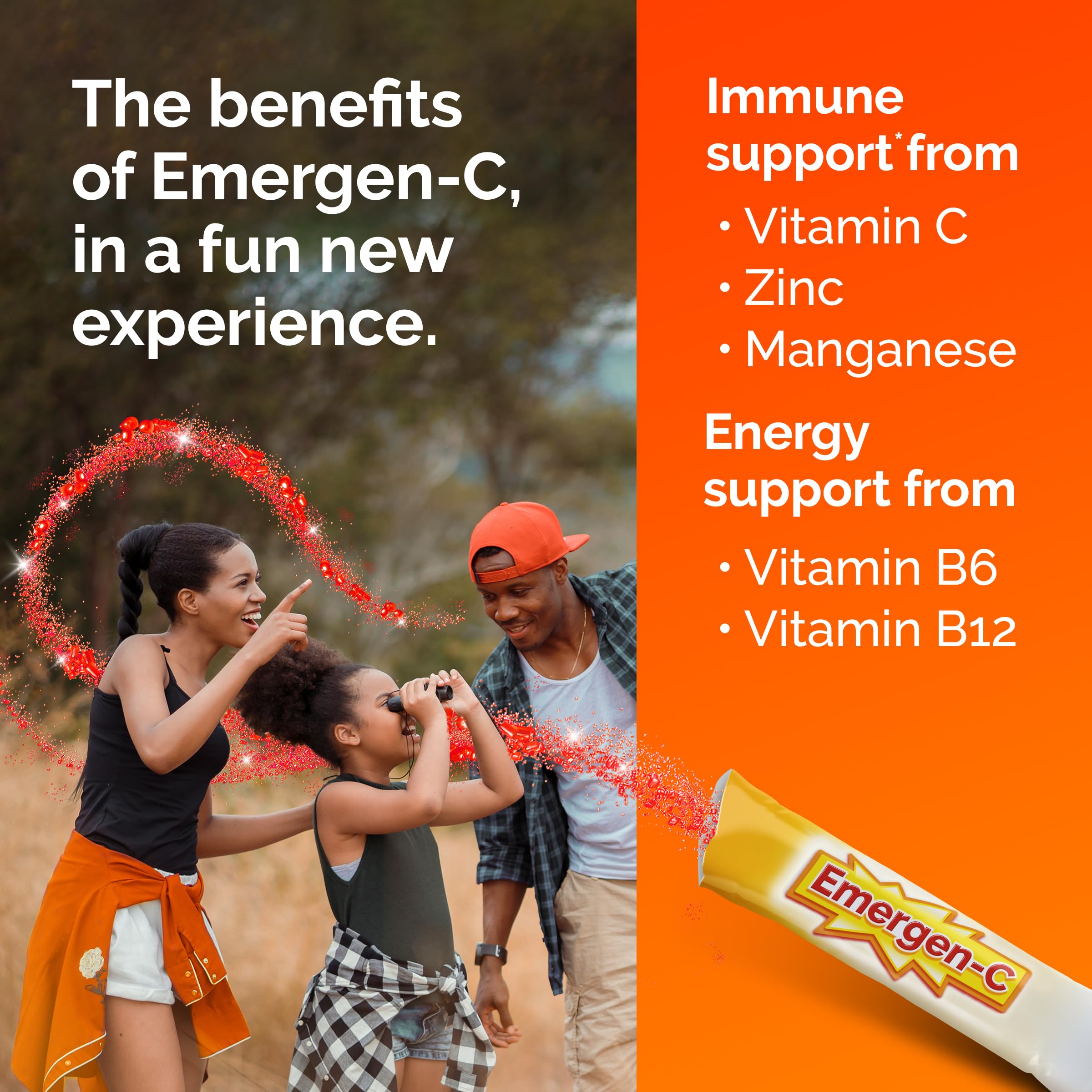 Emergen-C Kidz Crystals being poured into mouth for quick, water-free use