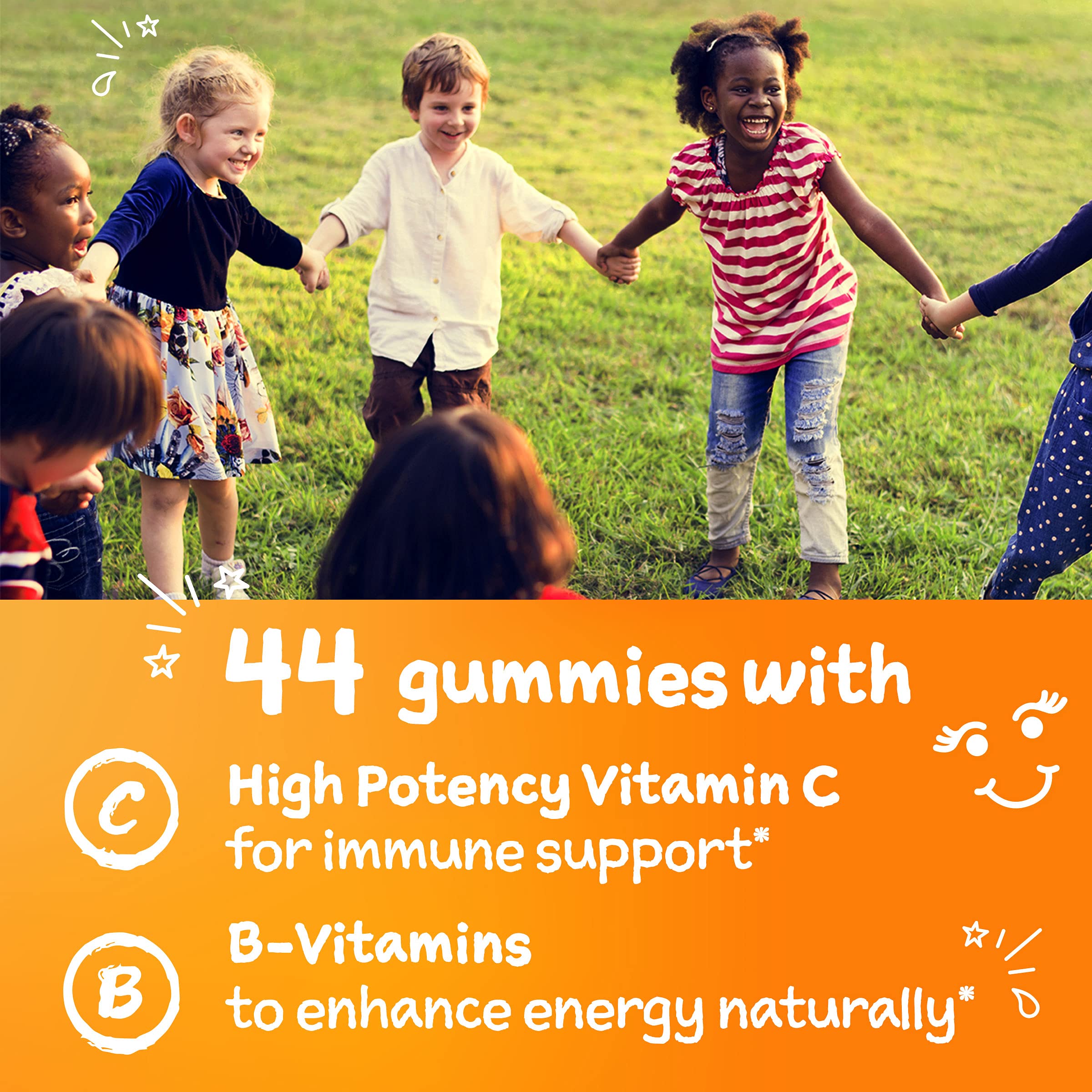Emergen-C Kidz bottle back highlighting 250 mg vitamin C per gummy for immune support and energy
