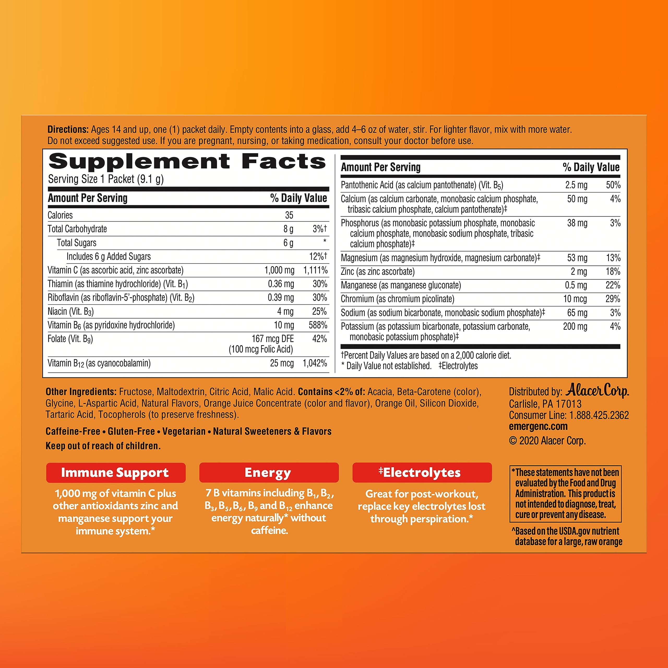 Emergen-C measuring spoon beside packets for quick dosage.
