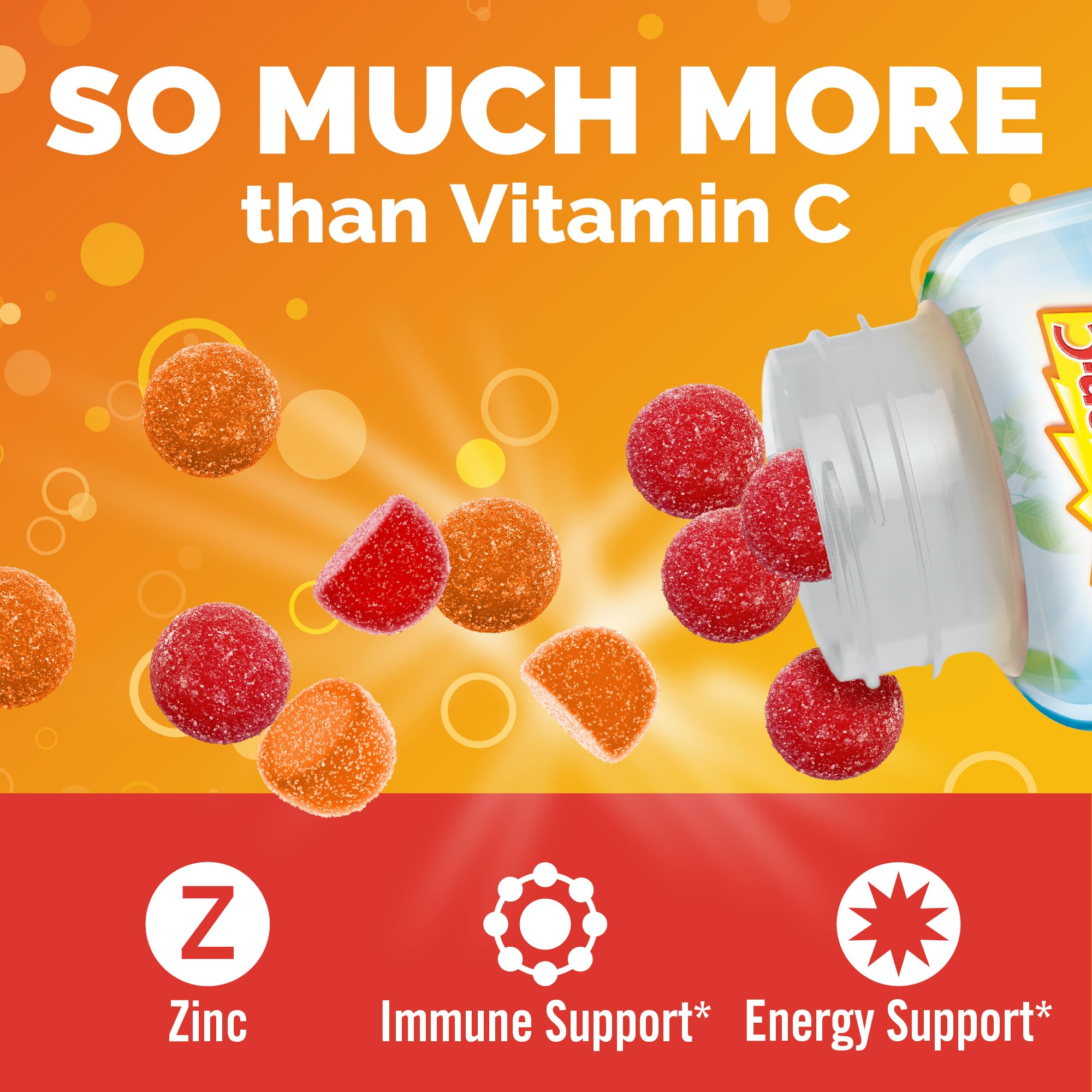Emergen-C orange gummies close-up highlighting chewy texture and real fruit flavor