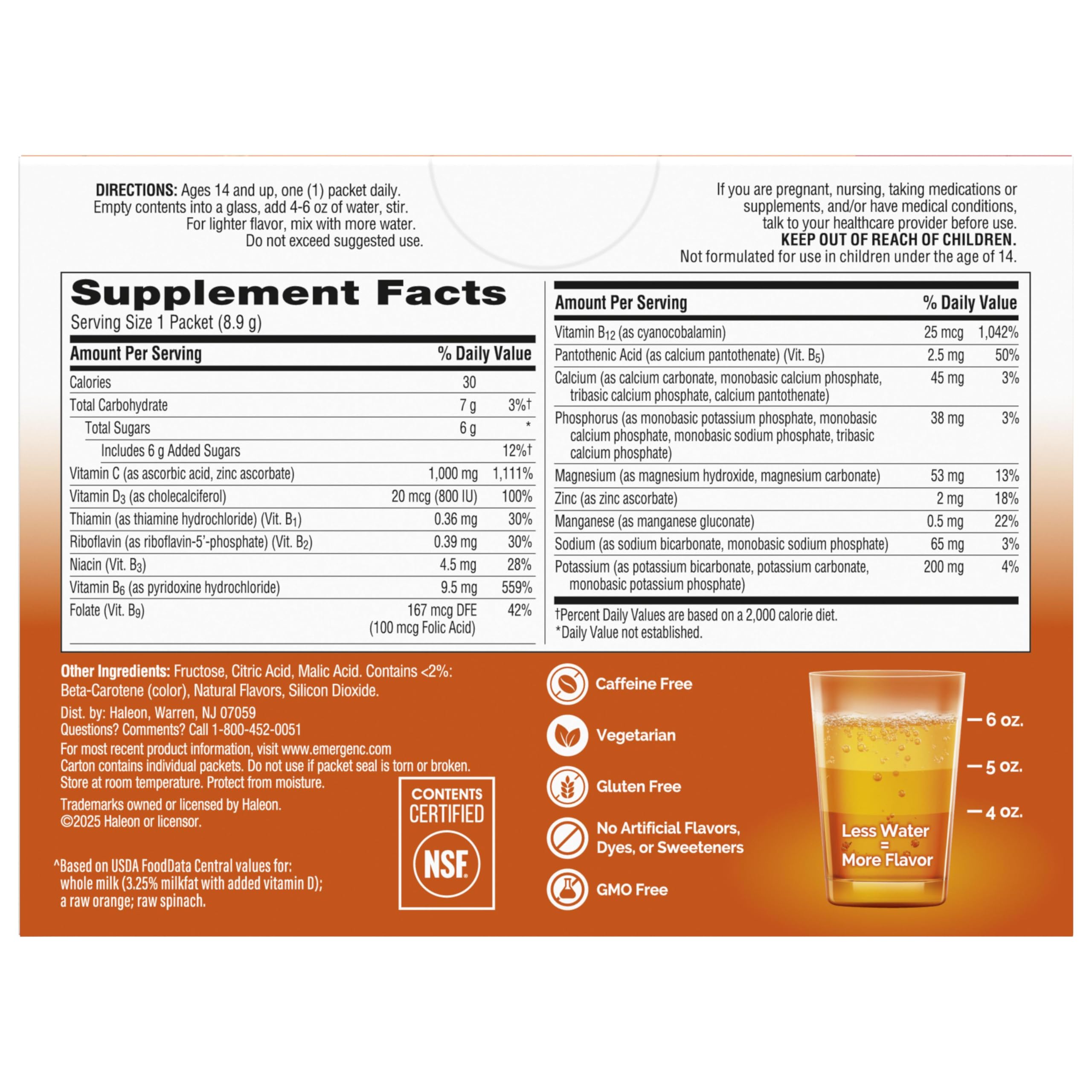 Emergen-C Super Orange ingredients visual signals zinc and manganese.