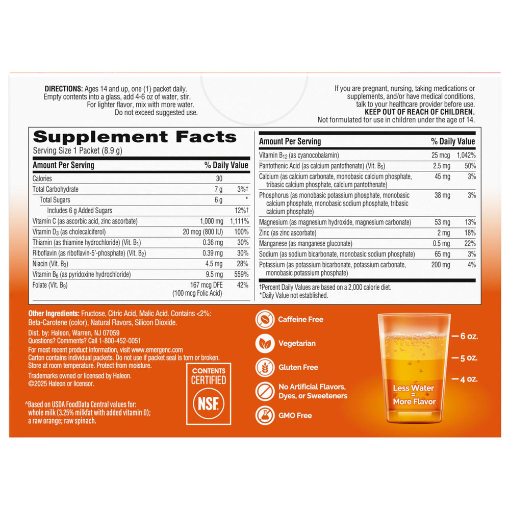 Emergen-C Super Orange ingredients visual signals zinc and manganese.