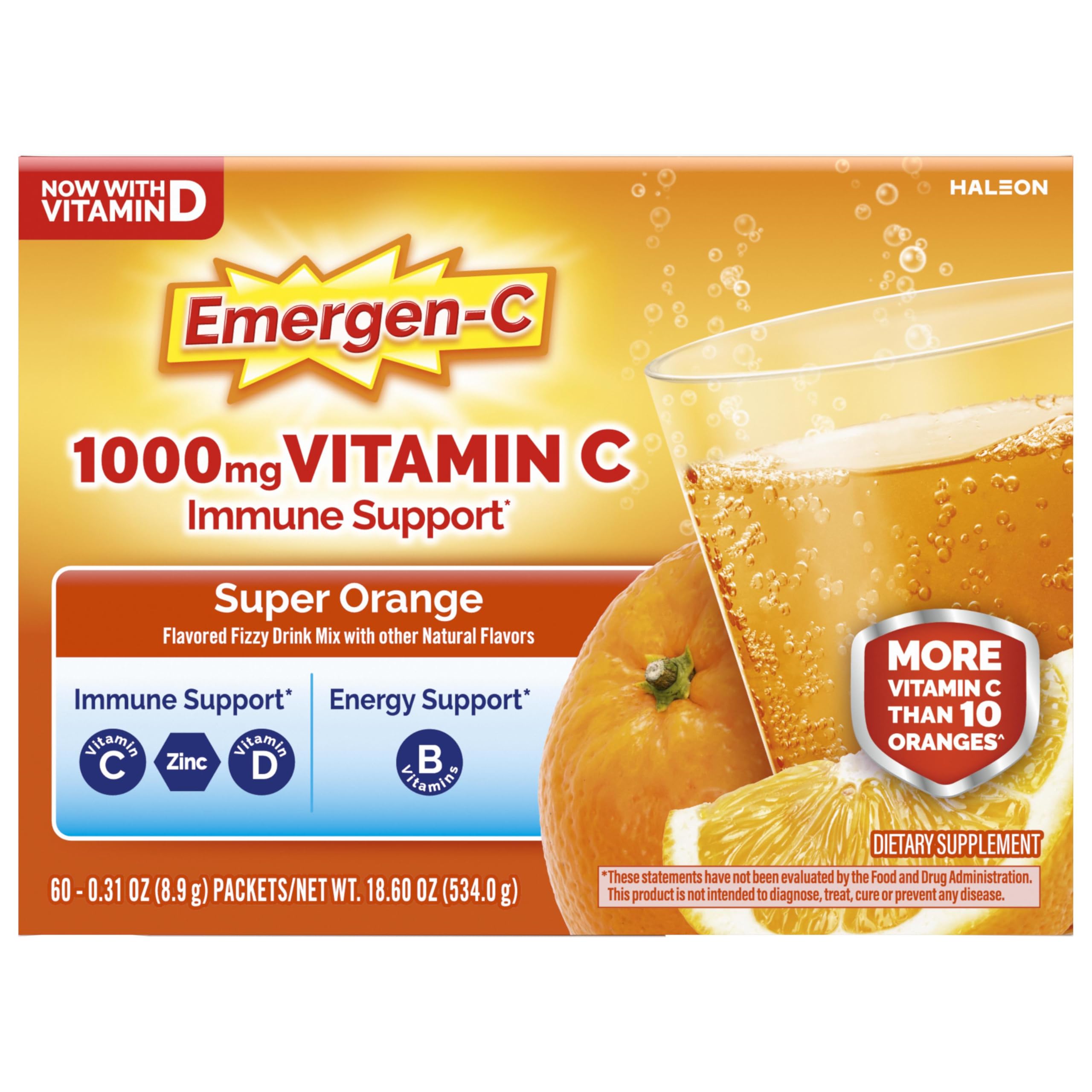Emergen-C Super Orange open packet ready to mix.