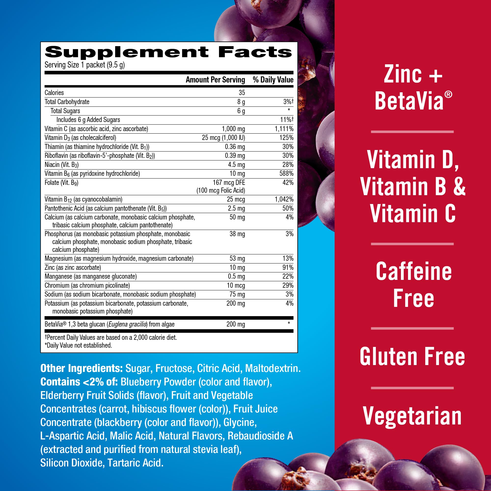 Emergen-C Vegetarian Gluten-free Caffeine-free formula fits daily wellness.