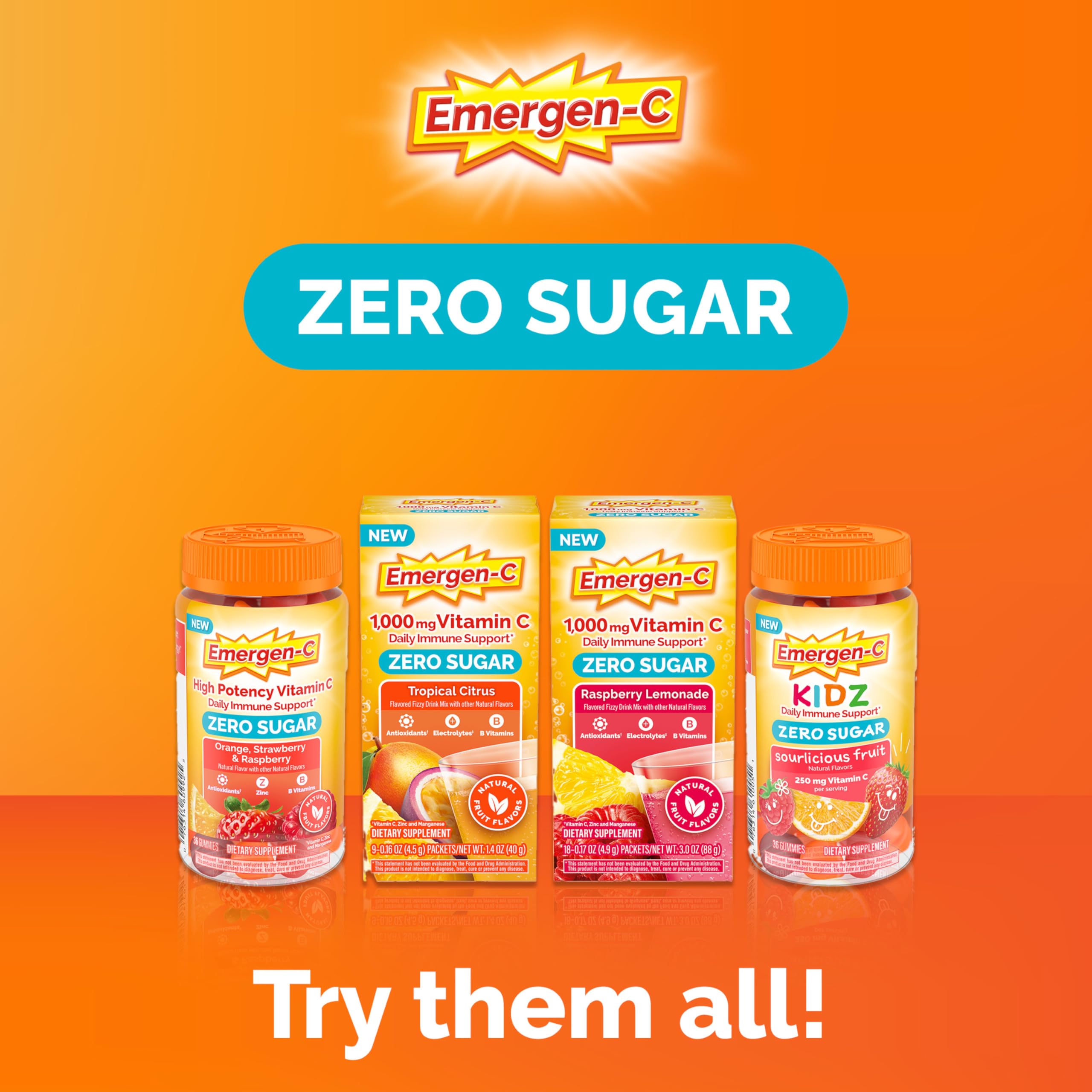 Gluten-free and vegetarian badge on Emergen-C packaging.