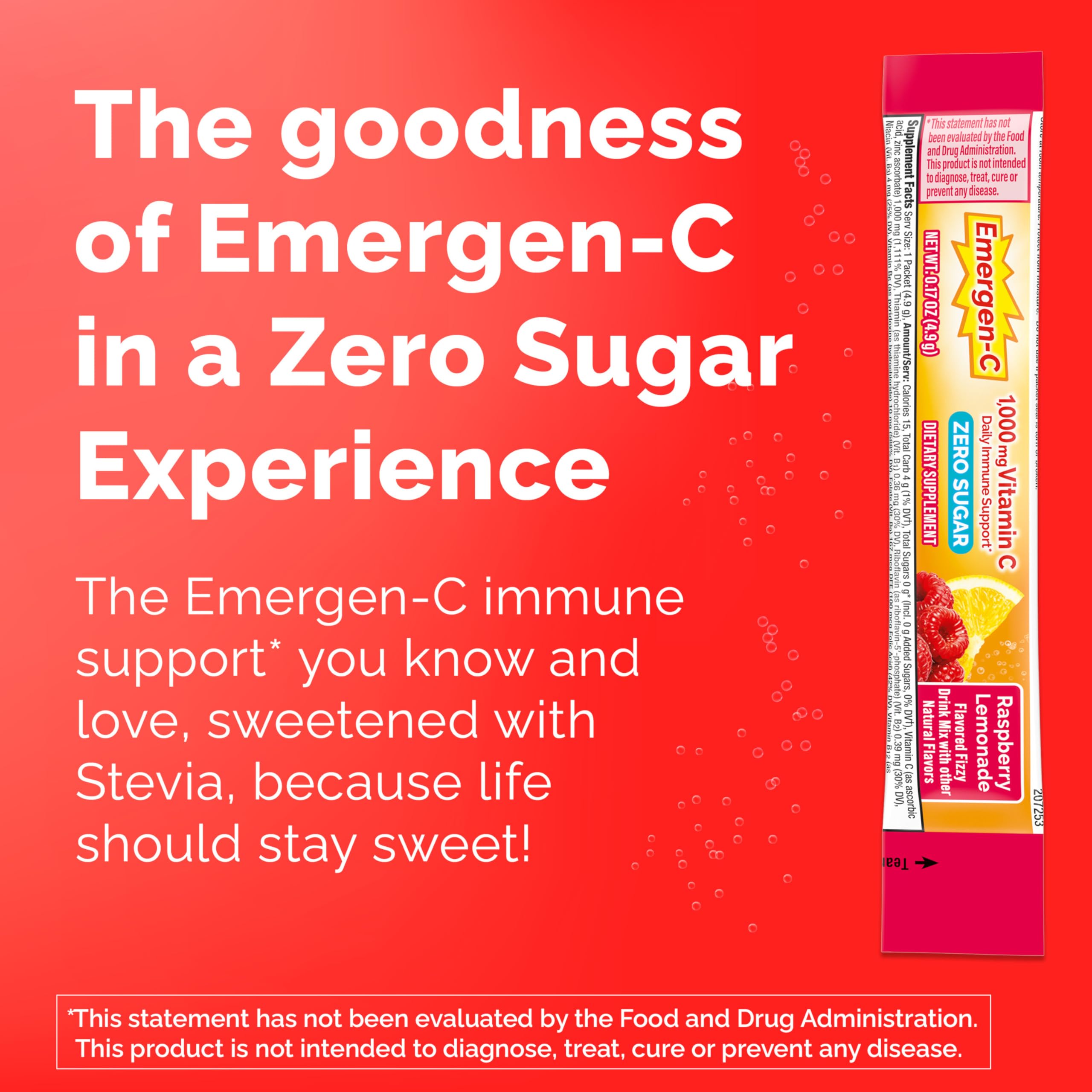 Emergen-C Zero Sugar bottle highlights 1000 mg vitamin C per serving.