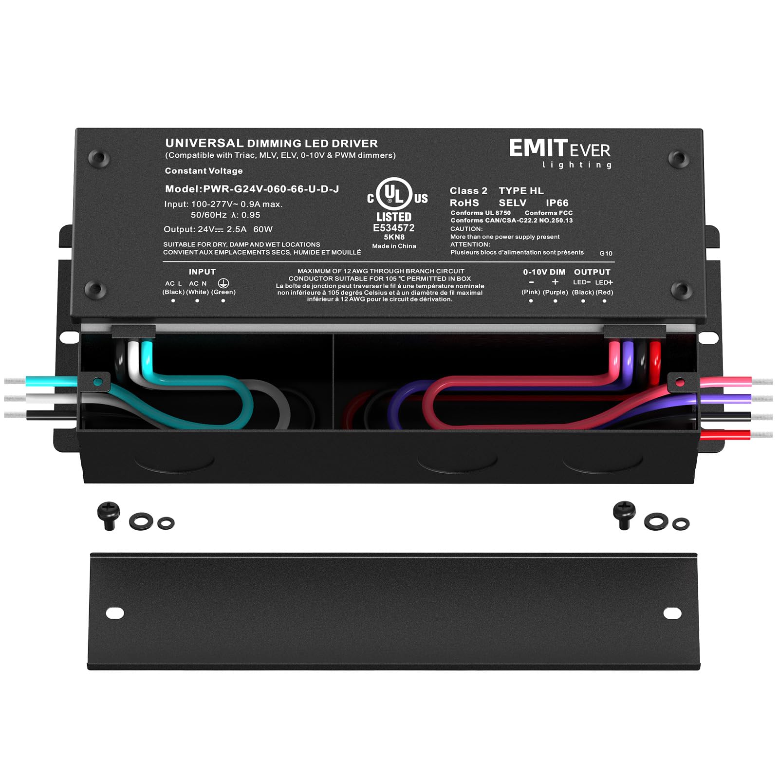 EMITEVER 60W dimmable LED driver side view showing compact profile for easy installs.