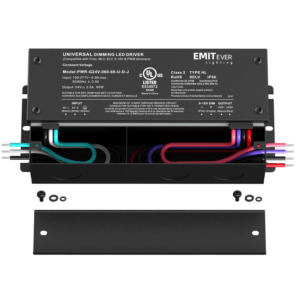 EMITEVER 60W dimmable LED driver side view showing compact profile for easy installs.
