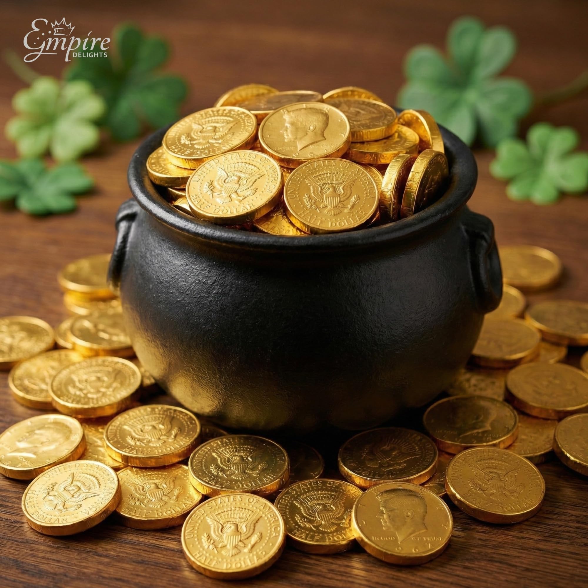Empire Delights gold foil-wrapped coins in a display-ready pack.