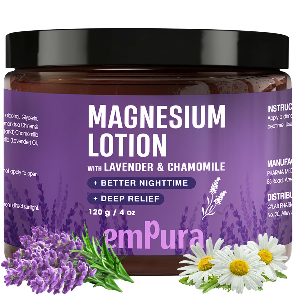 EMPURA Magnesium Lotion bottle pour showing a fast-absorbing formula for nightly use.
