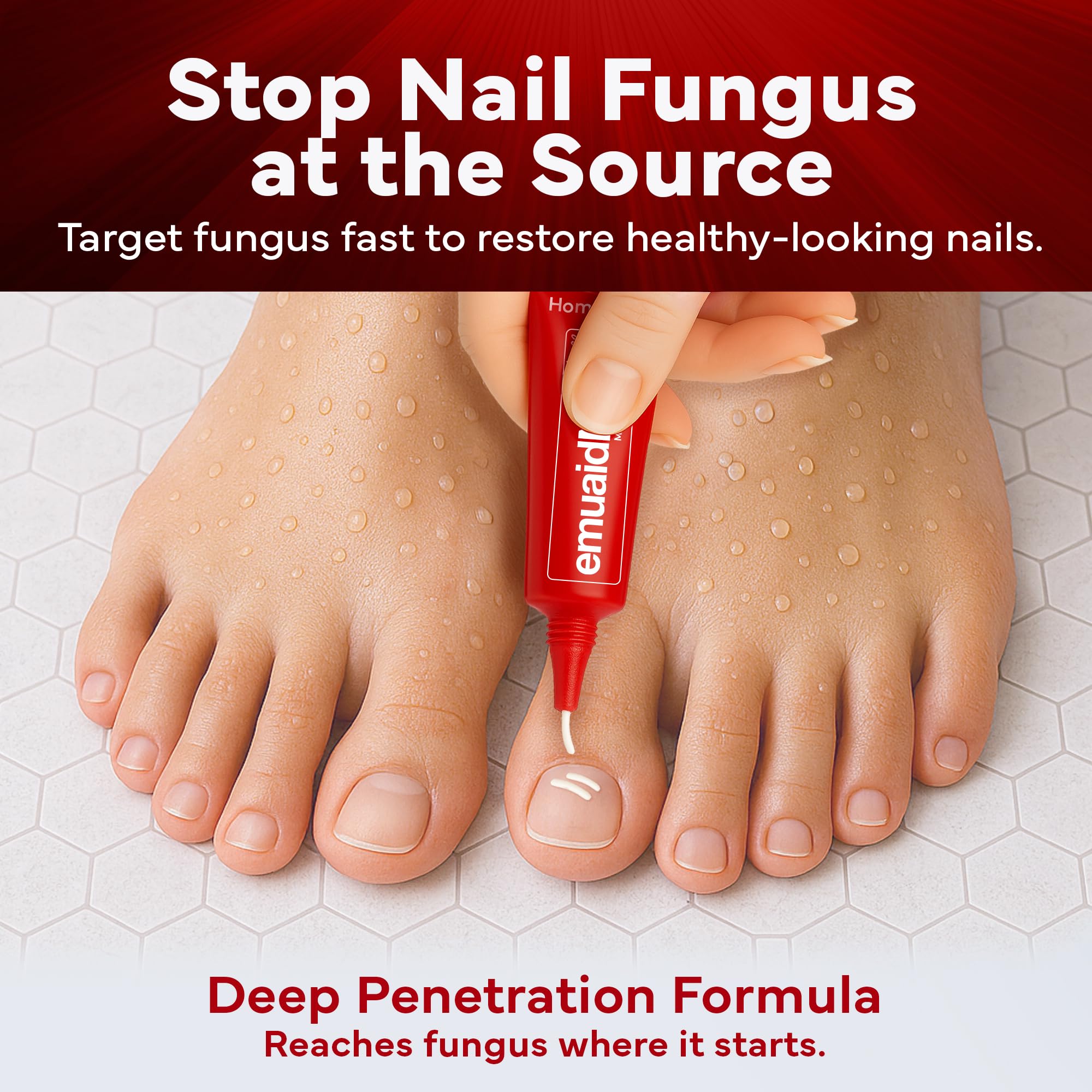 Applying EMUAIDMAX on a nail for targeted fungus care