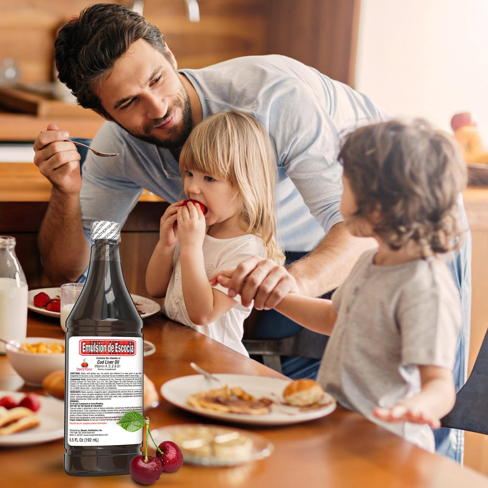 Emulsion of Scotland family-dosing scene conveys kid-friendly cherry flavor