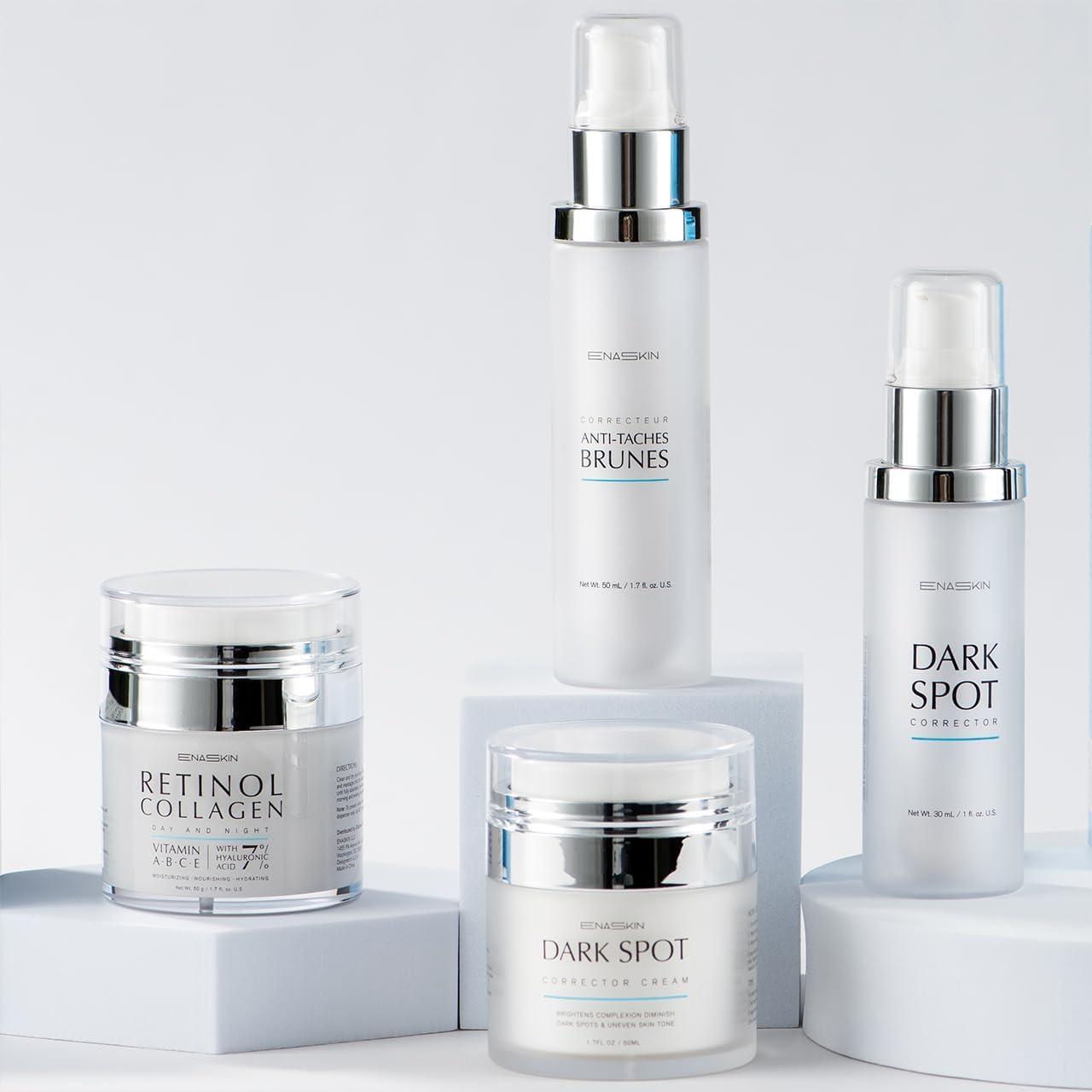 EnaSkin bottle with soft light reflection signaling premium brightening formula