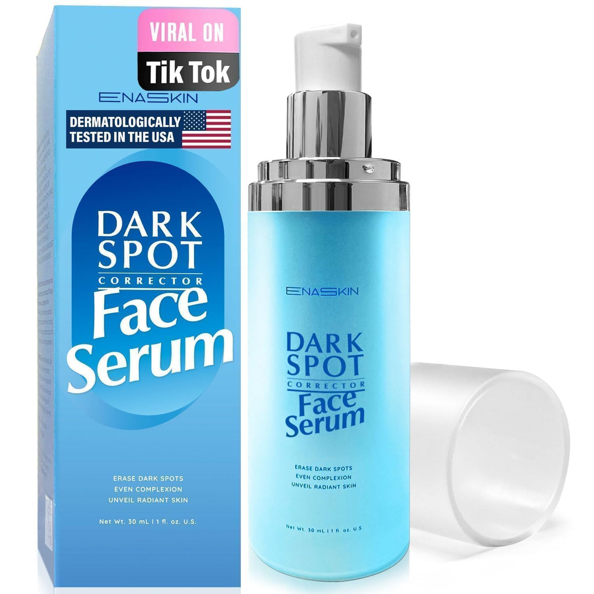 EnaSkin dark spot serum bottle closeup for even skin tone