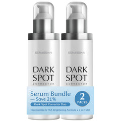 EnaSkin dark spot serum bottle close-up showing brightening benefits