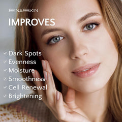 EnaSkin serum on the cheek demonstrates a quick daily brightening ritual