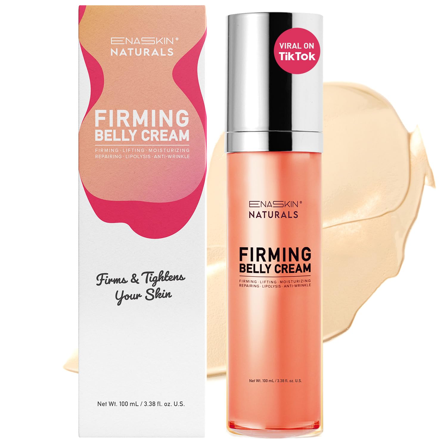Enaskin Naturals Belly Firming Cream in orange bottle for smooth, hydrated skin.