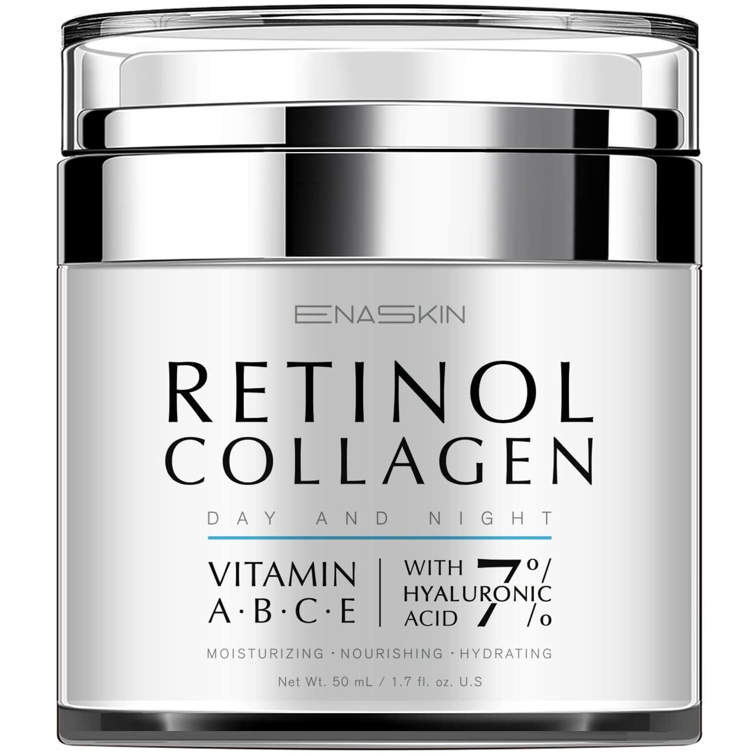 EnaSkin retinol cream bottle highlighting wrinkle reduction and firmer skin.