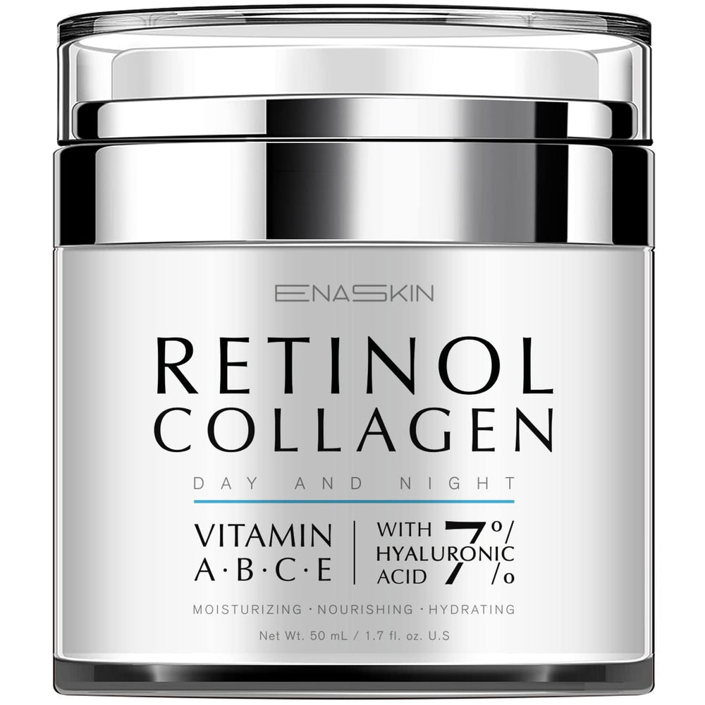EnaSkin retinol cream bottle highlighting wrinkle reduction and firmer skin.