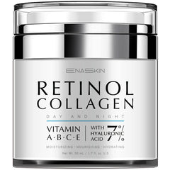EnaSkin retinol cream bottle highlighting wrinkle reduction and firmer skin.
