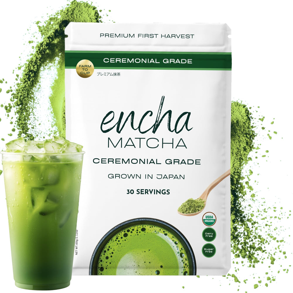 Encha ceremonial grade matcha powder in contrasty green, ideal for a smooth cup.