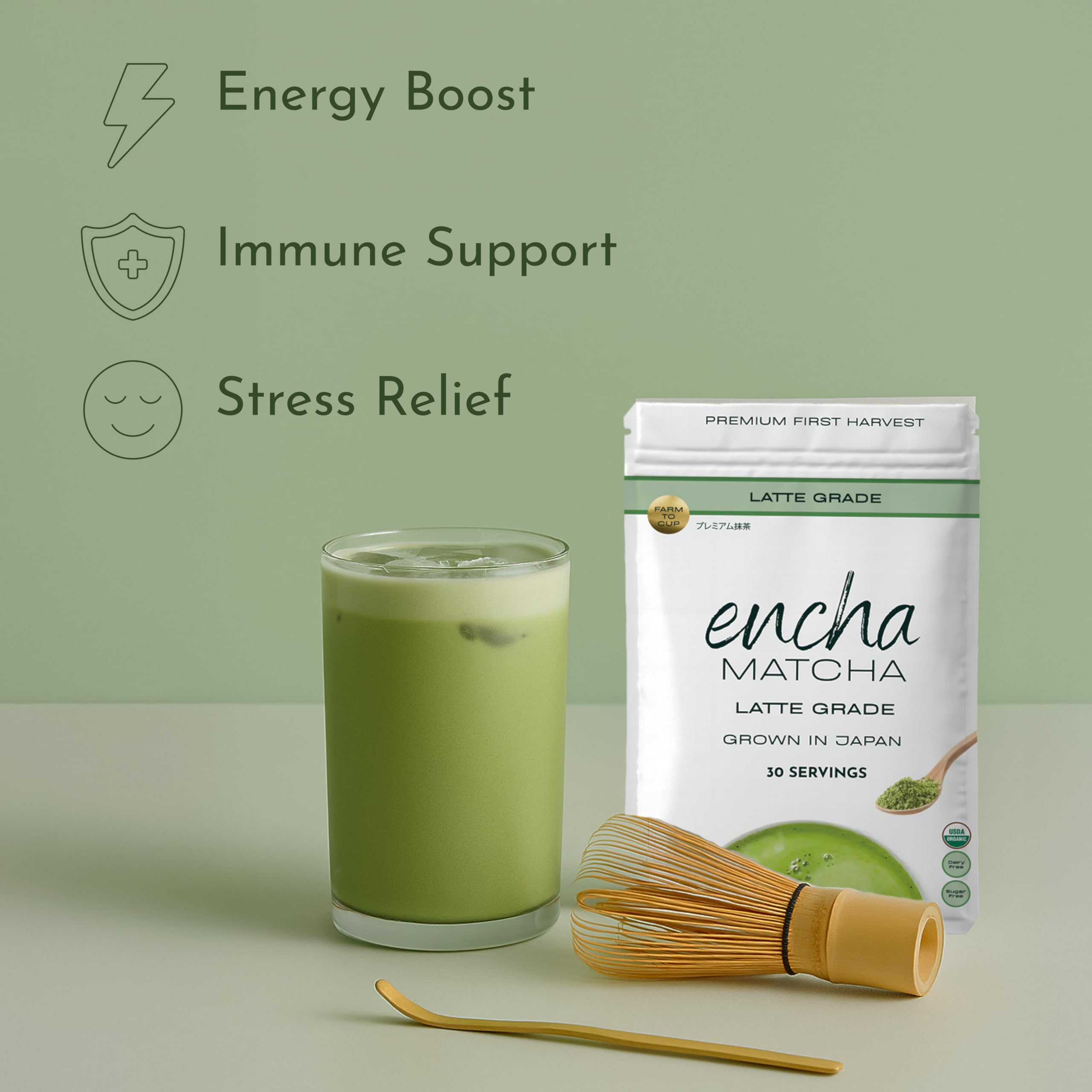 Encha latte grade matcha dissolving in water for a smooth taste.