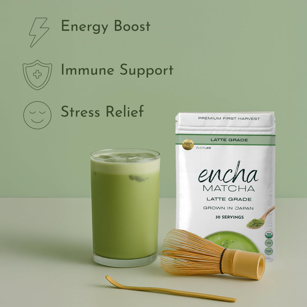 Encha latte grade matcha dissolving in water for a smooth taste.