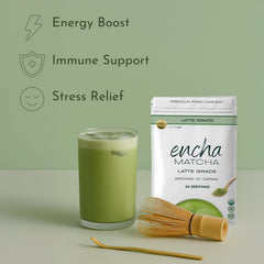Encha latte grade matcha dissolving in water for a smooth taste.