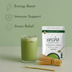 Encha matcha from Uji-Kyoto origin, signaling premium sourcing.
