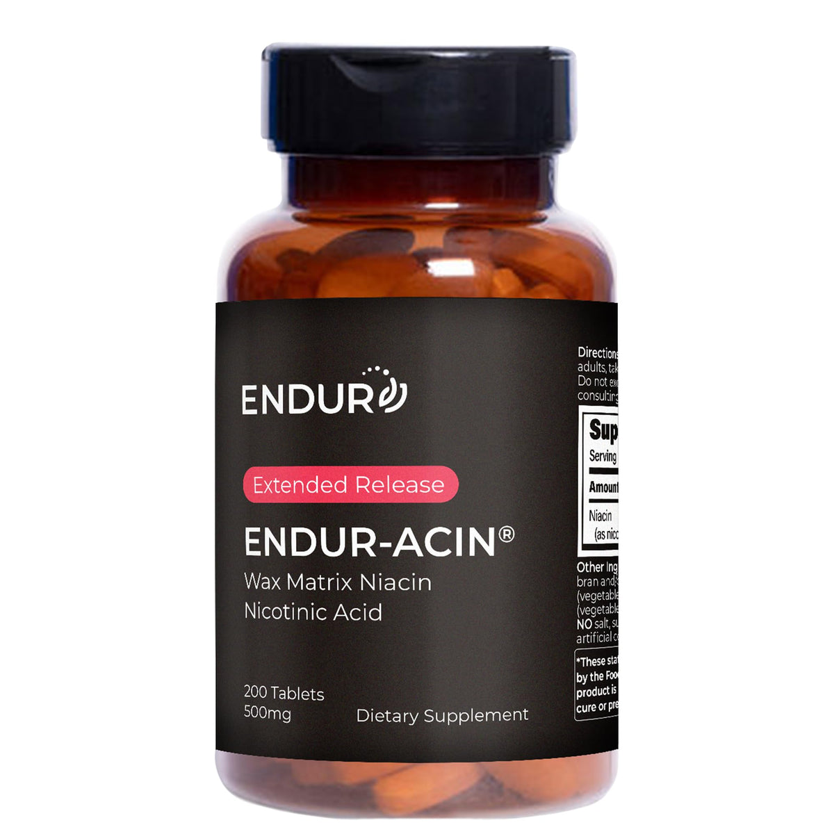 ENDUR-ACIN bottle front displays Endurance brand and 500 mg niacin for heart health support.