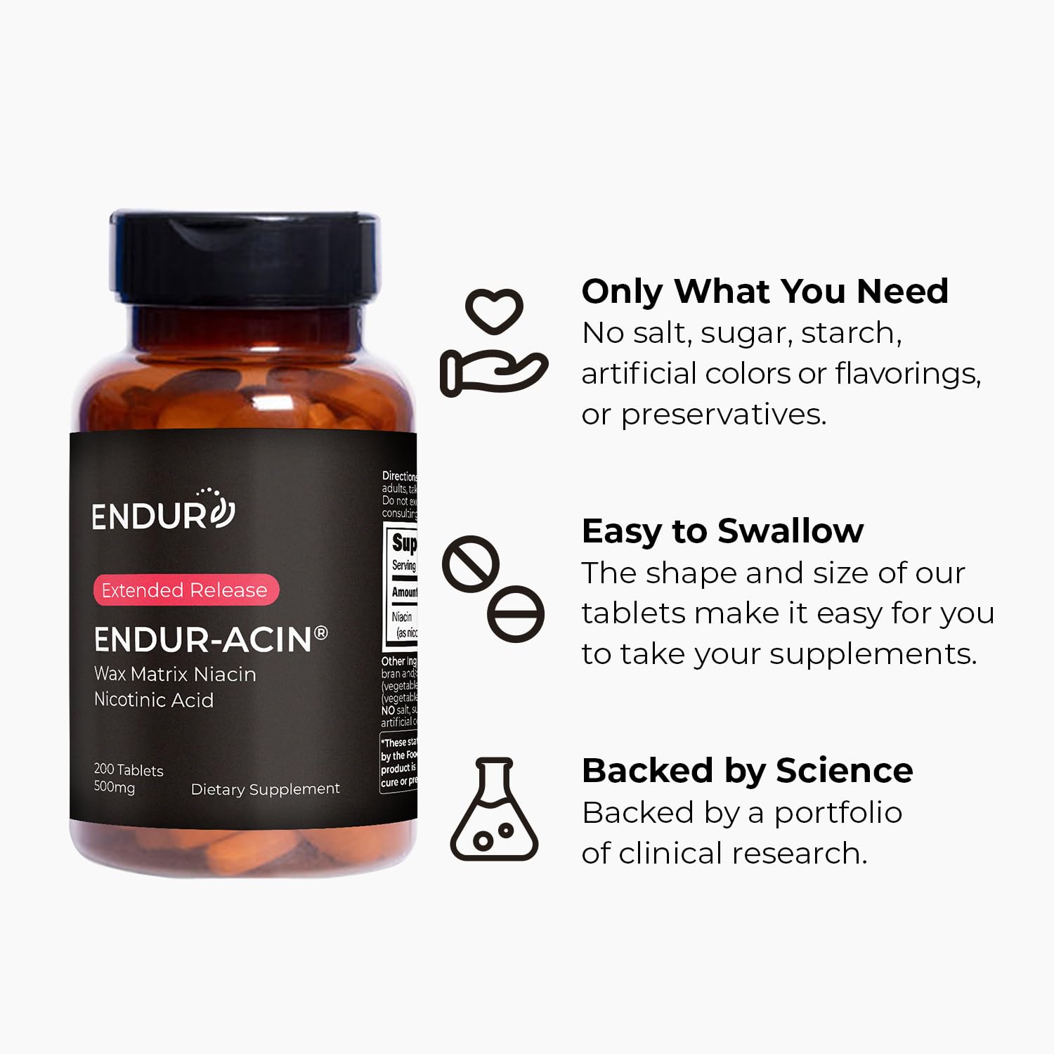 ENDUR-ACIN bottle with glass communicates easy daily heart-health routine.