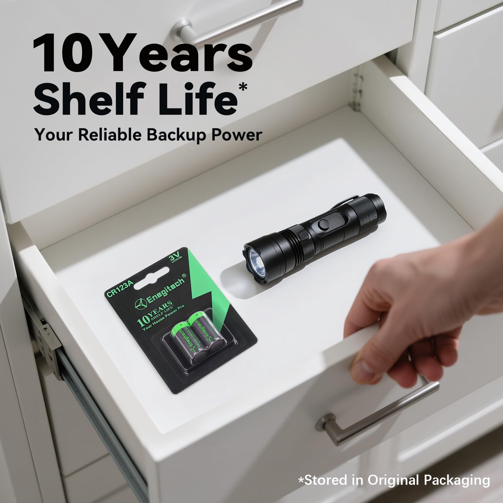 Enegitech CR123A disposal note: non-rechargeable design.