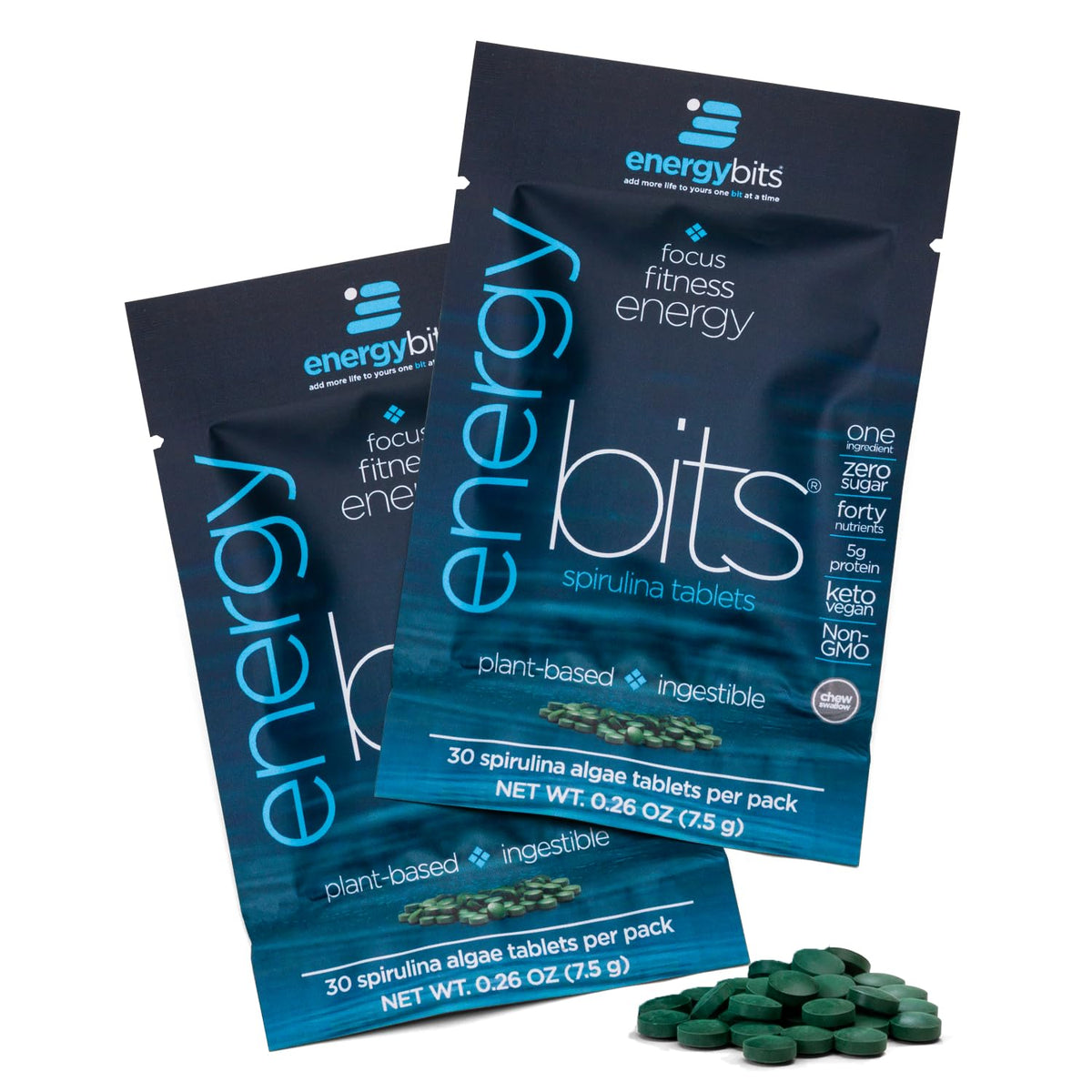 ENERGYBITS spirulina bottle front for easy daily energy on the go.