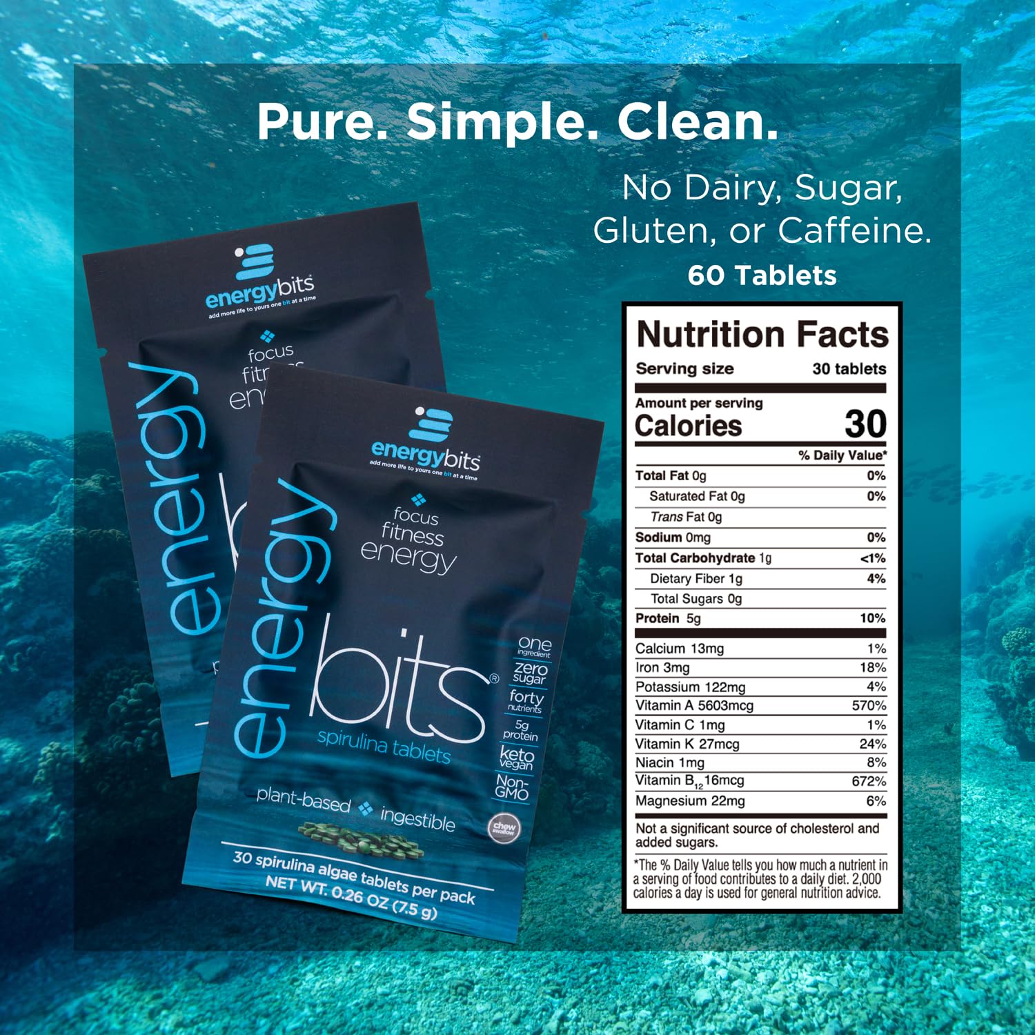 ENERGYBITS packaging on shelf emphasizes gluten-free and keto-friendly spirulina.