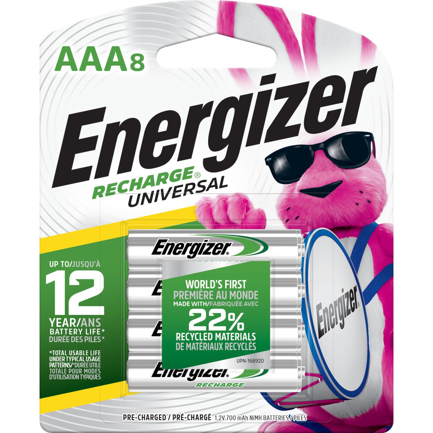 Energizer AAA batteries shown with charger compatibility for flexible recharge