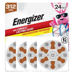 Energizer hearing-aid batteries size 312 with brown tab in pack