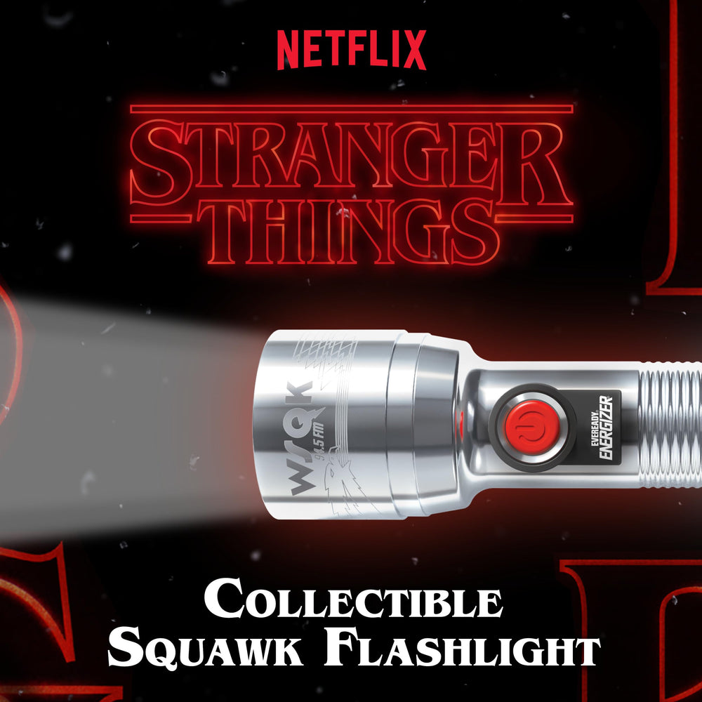 Energizer Stranger Things Squawk Retro LED Flashlight side view showing rugged aluminum body