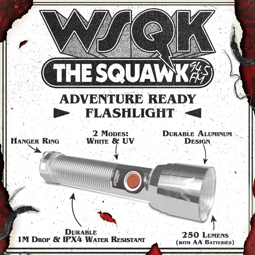 WSQK radio emblem on Energizer Stranger Things Squawk Retro LED Flashlight