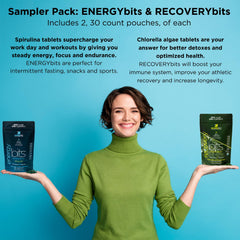 EnergyBits spirulina tablets pouring from bottle for quick energy on the go